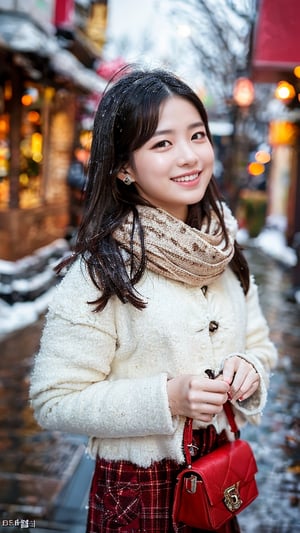 Beautiful and delicate light, (beautiful and delicate eyes), pale skin, big smile, (brown eyes), (black long hair), dreamy, medium chest, woman 1, (front shot), Korean girl, bangs, soft expression, height 170, elegance, bright smile, 8k art photo, realistic concept art, realistic, portrait, necklace, small earrings, handbag, fantasy, jewelry, shyness, skirt, winter down parka, scarf, snowy street, footprints,3D,GIRL