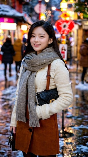 Beautiful and delicate light, (beautiful and delicate eyes), pale skin, big smile, (brown eyes), (black long hair), dreamy, medium chest, woman 1, (front shot), Korean girl, bangs, soft expression, height 170, elegance, bright smile, 8k art photo, realistic concept art, realistic, portrait, necklace, small earrings, handbag, fantasy, jewelry, shyness, skirt, winter down parka, scarf, snowy street, footprints,3D,GIRL