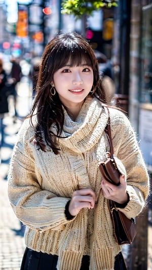 Beautiful and delicate light, (beautiful and delicate eyes), pale skin, big smile, (brown eyes), (black long hair), dreamy, medium chest, woman 1, (front shot), Korean girl, bangs, soft expression, height 170, elegance, bright smile, 8k art photo, realistic concept art, realistic, portrait, necklace, small earrings, handbag, fantasy, jewelry, shyness, skirt, winter down parka, scarf, snowy street, footprints,3D,GIRL