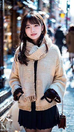 Beautiful and delicate light, (beautiful and delicate eyes), pale skin, big smile, (brown eyes), (black long hair), dreamy, medium chest, woman 1, (front shot), Korean girl, bangs, soft expression, height 170, elegance, bright smile, 8k art photo, realistic concept art, realistic, portrait, necklace, small earrings, handbag, fantasy, jewelry, shyness, skirt, winter down parka, scarf, snowy street, footprints,3D,GIRL