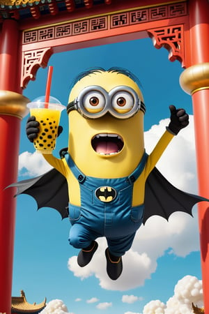 a yellow minion bob is drinking bubble tea in chinese palace, he is in batman suit and is flying through the sky

