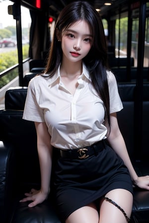 Beautiful young thai woman in long black hair in mahalai uniform, soak white short sleeve shirt, open shirt, cleverage, short black pencil skirt,brown belt. She carrying a chanel brand female cross body bag and sitting in a bus, open leg , dynamic sexy pose