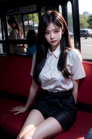 Beautiful young thai woman in long black hair in mahalai uniform, soak white short sleeve shirt, open shirt, cleverage, short black pencil skirt,brown belt. She carrying a chanel brand female cross body bag and sitting in a bus, open leg , dynamic sexy pose