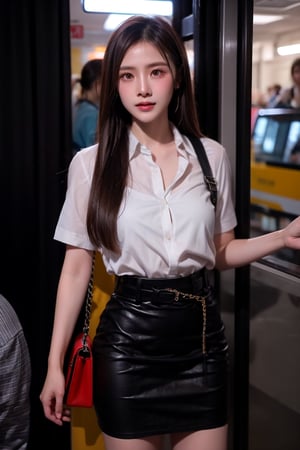 Beautiful young thai woman in long black hair in mahalai uniform, see through white short sleeve shirt,short black pencil skirt,brown belt. She carrying a chanel brand female cross body bag and standing in a very crowded bus.