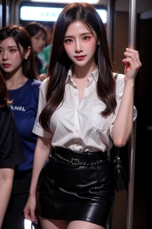 Beautiful young thai woman in long black hair in mahalai uniform, see through white short sleeve shirt,short black pencil skirt,brown belt. She carrying a chanel brand female cross body bag and standing in a very crowded bus. dynamic sexy pose