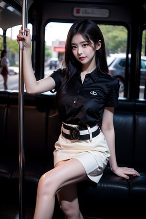 Beautiful young thai woman in long black hair in mahalai uniform, soak white short sleeve shirt, open shirt, cleverage, short black pencil skirt,brown belt. She carrying a chanel brand female cross body bag and sitting in a bus, open leg , dynamic sexy pose