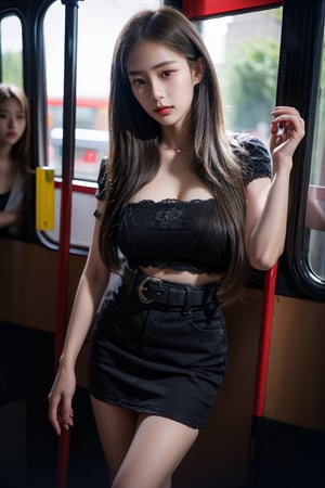 Beautiful young thai woman in long black hair in mahalai uniform, see through white short sleeve shirt,short black pencil skirt,brown belt. She carrying a chanel brand female cross body bag and standing in a very crowded bus.