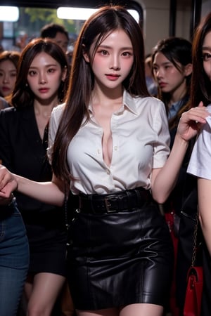 Beautiful young thai woman in long black hair in mahalai uniform, soak white short sleeve shirt, open shirt, cleverage, short black pencil skirt,brown belt. She carrying a chanel brand female cross body bag and standing in a very crowded bus. dynamic sexy pose