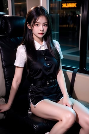 Beautiful young thai woman in long black hair in mahalai uniform, soak white short sleeve shirt, open chest, cleverage, short black pencil skirt,brown belt. She carrying a chanel brand female cross body bag and sitting in a bus, open leg , dynamic sexy pose