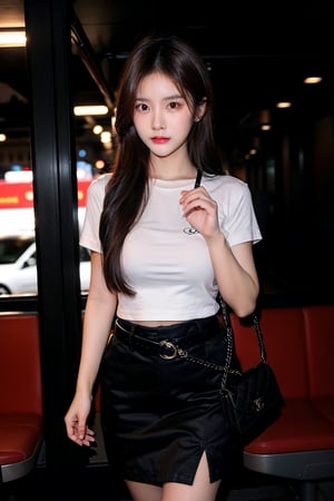 Beautiful young thai woman in long black hair in mahalai uniform,white short sleeve shirt,short black pencil skirt,brown belt. She carrying a chanel brand female cross body bag and standing in a very crowded bus.