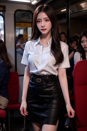 Beautiful young thai woman in long black hair in mahalai uniform,white short sleeve shirt,short black pencil skirt,brown belt. She carrying a chanel brand female cross body bag and standing in a very crowded bus.