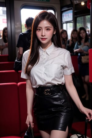 Beautiful young thai woman in long black hair in mahalai uniform, see through white short sleeve shirt,short black pencil skirt,brown belt. She carrying a chanel brand female cross body bag and standing in a very crowded bus.