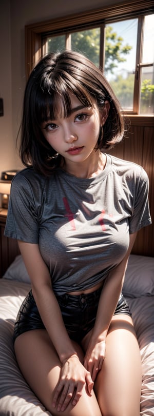 8k,best quality,masterpiece,ultra high res,portrait,beautiful,kawaii,dark hair,bob,clothes,from front,sweat,on the bed,jmf,jml