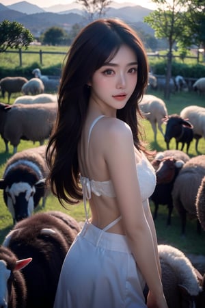 A photo of a  sexy women with white lingirie among flock of sheep in the pasture, cleverage, valley, photography, soft, lighting natural, sexy pose