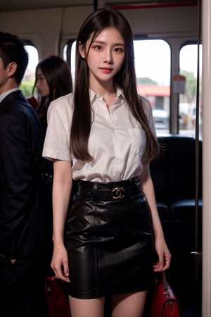 Beautiful young thai woman in long black hair in mahalai uniform,white short sleeve shirt,short black pencil skirt,brown belt. She carrying a chanel brand female cross body bag and standing in a very crowded bus.