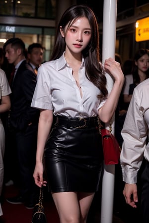 Beautiful young thai woman in long black hair in mahalai uniform, soak white short sleeve shirt, open shirt, short black pencil skirt,brown belt. She carrying a chanel brand female cross body bag and standing in a very crowded bus.