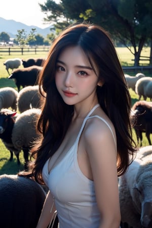 A photo of a  sexy women with white lingirie among flock of sheep in the pasture, cleverage, valley, photography, soft, lighting natural, sexy pose