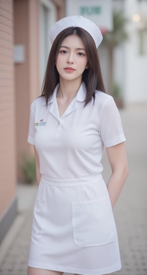 masterpiece, Highest quality:1.3, Ultra high definition 8K:1.2, hyperRealistic:1.35, RAW Photos:1.2, Highest quality, High resolution, wallpaper, Realistic, dramatic, Realistic painting art by midjourney:1.3, 1 Thai female nurse, 25 years old, sexy White nurse uniform, medium beast, cleverage, Knee-length white tight skirt:1.3, Walking in the hospital, so beautiful, Beautiful Skin, Detailed face, Symmetrical face, double eyelid, Beautiful and detailed, Friendly kind smile, Beautiful glossy lips, I chipped a tooth, Very short bob hair, Accentuate your body lines, Perfect Style, cowboy_shot, Bokeh Background, morning dawn, Natural soft light), sexy pose