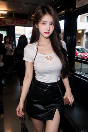 Beautiful young thai woman in long black hair in mahalai uniform, soak white short sleeve shirt, open chest, cleverage, short black pencil skirt,brown belt. She carrying a chanel brand female cross body bag and standing in a very crowded bus. dynamic sexy pose