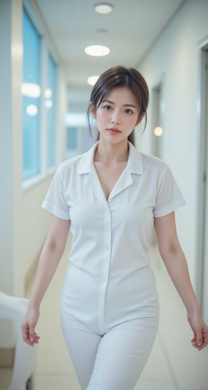 masterpiece, Highest quality:1.3, Ultra high definition 8K:1.2, hyperRealistic:1.35, RAW Photos:1.2, Highest quality, High resolution, wallpaper, Realistic, dramatic, Realistic painting art by midjourney:1.3, 1 Thai female nurse, 25 years old, sexy White nurse uniform, open chest, medium beast, cleverage, white tight skirt:1.3, Walking in the hospital, so beautiful, Beautiful Skin, Detailed face, Symmetrical face, double eyelid, Beautiful and detailed, Friendly kind smile, Beautiful glossy lips, I chipped a tooth, Very short bob hair, Accentuate your body lines, Perfect Style, cowboy_shot, Bokeh Background, morning dawn, Natural soft light), dynamic sexy pose