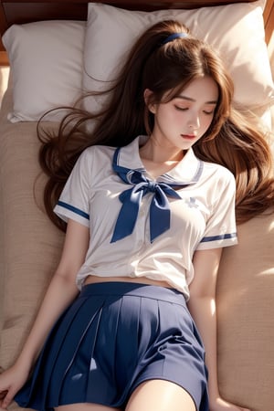 bedroom,18 yo,beautiful girl,high school student,long ponytail,curly hair,dark brown hair,wearing school uniform,open chest, long socks, she is lying on her side and asleep in bed,Best Quality, 32k, photorealistic, ultra-detailed, finely detailed, high resolution, perfect dynamic composition, beautiful detailed eyes, sharp-focus, cowboy shot,top view shot,