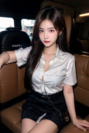 Beautiful young thai woman in long black hair in mahalai uniform, soak white short sleeve shirt, open shirt, cleverage, short black pencil skirt,brown belt. She carrying a chanel brand female cross body bag and sitting in a bus, open leg , dynamic sexy pose