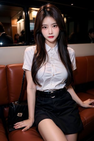 Beautiful young thai woman in long black hair in mahalai uniform, soak white short sleeve shirt, open shirt, cleverage, short black pencil skirt,brown belt. She carrying a chanel brand female cross body bag and sitting in a bus, open leg , dynamic sexy pose