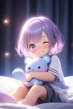 a person hugging large cute plushie, detailed, cute, soft textures, pastel colors, highly detailed, photorealistic, toy, sitting on a bed, natural lighting, cozy atmosphere, highly detailed stitching, lifelike shadows, friendly expression,
dim night, dark room, soft focus, sharp focus on the subject, ((room)),
pastel colors:1.2,(8k,best quality), (highly detailed beautiful face and eyes),
backlighting,lens flare,spot light,faint light,light particles,dynamic lighting,cinematic lighting,neon art, glowing line,
BREAK ((a child)), solo, ((6 years old girl)), ((little girl:1.3)), light purple hair:1.2, (short hair:1.1), low twintails:1.1, flat chest, light purple eyes,happy smile, ((cute eyes, ;>, ;d)), smile eys, smile, (embarrassed),
short sleeve Tshrit, (sleepy eyes:1.3), ((upper body:1.3)),