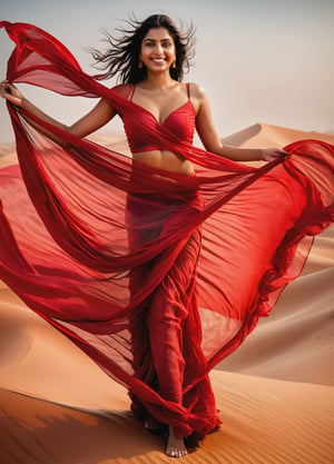 Photo-realistic, Ultra realistic (full body), photo of gorgeous 18 years old indian girl, sexy model, (model pose), (), (covered with huge transparent red fabric floating in the wind), revealing her godess body shape, (seethrough), radiant smile, in heavy wind in a desert,  epic, masterpiece, brilliant composition, (finely detauled expresive eyes and detailed face),Beautiful Indian girl ,Indian Woman,Extremely Realistic,Indian Girl,Insta Model
