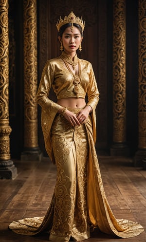 A majestic Thai woman stands majestically against a dark wood backdrop in a warm, golden-lit studio setting. She wears Traditional Thai Royal Attire, featuring Chong Kraben with flowing drapes and delicate folds, paired with a majestic Raj Patterned Shirt embroidered with intricate patterns and gold threads. Phasin silk skirt swirls around her legs, cinched by Sangwan belt at her waist. Kanok headdress catches the light, adorned with fine Accessories including beaded necklaces and rings. Her regal pose exudes confidence and cultural pride as she stands out against a warm, golden glow.