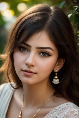 (best quality,4k,8k,highres,masterpiece:1.2),ultra-detailed,(realistic,photorealistic,photo-realistic:1.37),Indian girl with wavy hair, bangs,captivating eye contact,dark theme,pensive expression,dramatically lit,subtle shadows,lush garden background,mysterious atmosphere,ethereal glow,soft focus,fine brush strokes,classic painting style,hint of melancholy,vivid colors,dreamlike,whimsical ambiance,candid pose,attention to hair details,delicate strands of hair,earrings, necklace, realistic skin, realistic eyes, glistening highlights,sophisticated facial features,subtle makeup,gentle smile,alluring charm,captivating gaze,slightly tilted head,hint of wind blowing through her hair,intense yet serene,optical illusion,harmonious composition,highlights and shadows playing with depth,contrast between light and dark,contrast between warm and cool tones,subtle floral motifs,romantic and enchanting