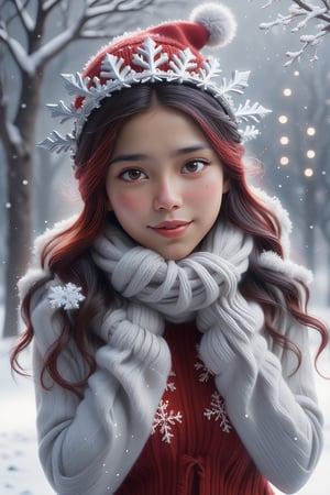 
In this Christmas scene, a sexi latina girl stands alone in the snowy landscape. She wears a red Christmas hat, and her long hair dances in the chilly breeze. Wrapped in a deep red wool sweater, her scarf is adorned with delicate snowflake patterns.

The cold air tinges her cheeks with a slight rosy hue, while her eyes sparkle with warm anticipation. The slightly upturned face reveals a hope for the Christmas miracle. Snowflakes create a silver crown on her hair, as if crafting an ice and snow tiara for her.

Though her hands are not visible from behind, her posture exudes tranquility and expectation. Surrounding her is a silver-clad snowy scene, with a Christmas tree adorned with dazzling lights and gifts. The entire scene emanates warmth and joy, as if the magic of Christmas is about to unfold around her.