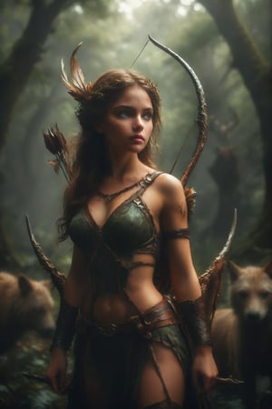 Queen of hunting full body, Artemis is a fierce and agile huntress, with a bow and quiver of arrows at her side. Her eyes are sharp and focused, and she is accompanied by wild animals.,Insta Model,more detail XL