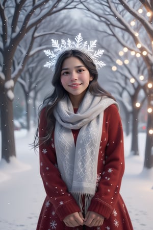 
In this Christmas scene, a sexi latina girl stands alone in the snowy landscape. She wears a red Christmas hat, and her long hair dances in the chilly breeze. Wrapped in a deep red wool sweater, her scarf is adorned with delicate snowflake patterns.

The cold air tinges her cheeks with a slight rosy hue, while her eyes sparkle with warm anticipation. The slightly upturned face reveals a hope for the Christmas miracle. Snowflakes create a silver crown on her hair, as if crafting an ice and snow tiara for her.

Though her hands are not visible from behind, her posture exudes tranquility and expectation. Surrounding her is a silver-clad snowy scene, with a Christmas tree adorned with dazzling lights and gifts. The entire scene emanates warmth and joy, as if the magic of Christmas is about to unfold around her.