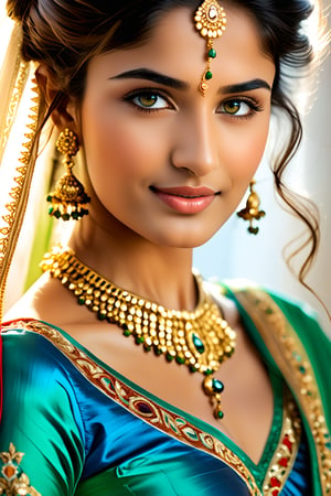 In a mesmerizing vertical portrait, a lovely Indian girl with long hair and lustrous locks poses directly facing the viewer, her bright blue-green eyes sparkling with gentle amusement under delicately defined eyebrows. She wears an exquisite, ornate outfit with intricate details that seem to defy reality. Her toned physique is showcased, highlighting her impressive cleavage and athletic build, as she stands confidently with a subtle smile playing on her lips. The focus is on her stunning facial features, including her flawless skin, expressive eyes, and striking eyelashes, all rendered in meticulous realism with an air of transparency and perfect anatomy.