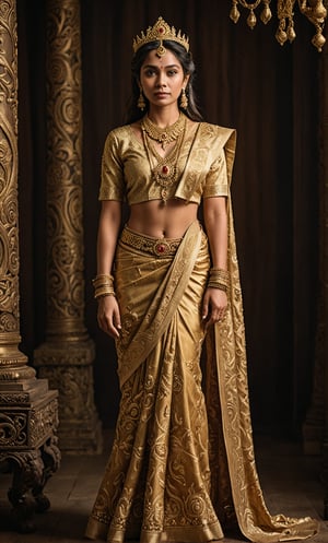 A majestic indian woman stands majestically against a dark wood backdrop in a warm, golden-lit studio setting. She wears Traditional Thai Royal Attire, featuring Chong Kraben with flowing drapes and delicate folds, paired with a majestic Raj Patterned Shirt embroidered with intricate patterns and gold threads. Phasin silk skirt swirls around her legs, cinched by Sangwan belt at her waist. Kanok headdress catches the light, adorned with fine Accessories including beaded necklaces and rings. Her regal pose exudes confidence and cultural pride as she stands out against a warm, golden glow.