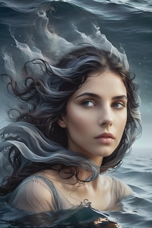 A stunning woman with dark hair, shrouded in mystery, floats serenely beneath the surface of a mystical sea. Colored tones dominate the scene. haze  envelop her ethereal form. Her head tilted back, she gazes upwards with open eyes that convey intense emotions: pain or sorrow. Finely detailed features on her face, including expressive eyes and intricate facial expressions, draw the viewer's attention to her enigmatic allure. high contrast, 12K,Insta Model,DonMW15pXL,more detail XL