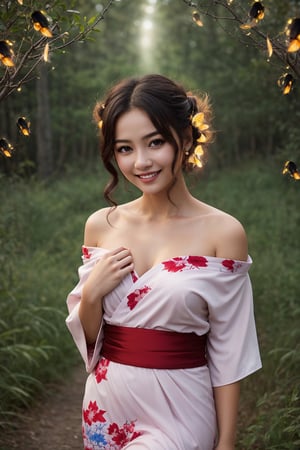 (1girl, medium breast, off-shoulder red yukata, bashful, in love, drunk, fireflies in background, alluring smile, beautiful small hands, photo of perfecteyes eyes), masterpiece, best quality, high resolution, UHD, realism, realistic, depth of field, wide view, raytraced, full length body, mystical, luminous, translucent, beautiful, stunning, a mythical being exuding energy, textures, breathtaking beauty, pure perfection, with a divine presence, unforgettable, and impressive.