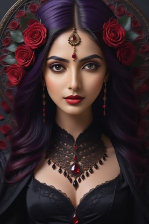 Generate realistically image of a beautiful indian woman, ((with a brave facial expression)), ((Perfectly detailed and perfect symmetrical body and head)), ((Perfectly symmetrical and perfectly detailed face)), ((perfectly formed and symmetrically correct hands and fingers)), ((8K High Definition photo)), ((colored but not saturated, perfect contrast between lights and shadows)). In this 8K Ultra HD image, the mystical enchantress stands majestically in the Dark Fantasy realm, her entire form shrouded by the velvety petals of black and crimson roses. Her purple hair cascades like a waterfall of shadows, blending with the midnight hues of the surrounding flowers. Her mesmerizing odd eye gleams like a crimson gem, hinting at the arcane power coursing through her veins. The enchantress's attire is a bewitching masterpiece, adorned with an exquisite array of black and red roses that seem to bloom eternally. As she moves dynamically in a cinematic pose from a side angle, her velvety-softened petals contrast with the sharp thorns embellishing her garments, serving as a reminder of her potent and untamed nature.