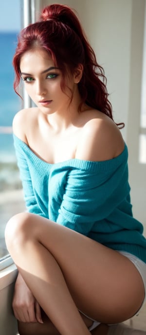 Generate hyper realistic image of a Indian woman with striking green eyes and luscious red hair, dressed in an off-shoulder sweater, sleeves extending elegantly past her wrists. She sits on the floor with her knees up, near a sunlit window, her long hair falling in gentle waves around her. A ponytail adds a playful touch to her appearance, while she exudes an aura of allure and mystery. The soft glow of sunlight illuminates her features as she leans against her arm support.,Indian