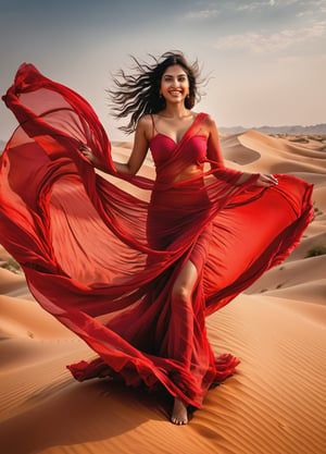 Photo-realistic, Ultra realistic (full body), photo of gorgeous 18 years old indian girl, sexy model, (model pose), (), (covered with huge transparent red fabric floating in the wind), revealing her godess body shape, (seethrough), radiant smile, in heavy wind in a desert,  epic, masterpiece, brilliant composition, (finely detauled expresive eyes and detailed face),Beautiful Indian girl ,Indian Woman,Extremely Realistic,Indian Girl,Insta Model