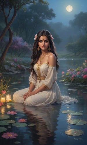 Imagine a sexy stunning young Indian native on her kness, washing her hair in a river, bathing in a river with long flowing hair peacefully immersed in the ethereal glow of a moonlit pond. Vibrant, colorful flowers encircle the tranquil scene, their vibrant petals reflecting the soft light. Wisps of gentle fog embrace the landscape, adding an air of mystery and enchantment to this captivating nocturnal oasis. A mesmerizing blend of serenity, elegance, and natural beauty.,Indian Model