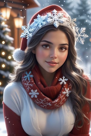 
In this Christmas scene, a sexi latina girl stands alone in the snowy landscape. She wears a red Christmas hat, and her long hair dances in the chilly breeze. Wrapped in a deep red wool sweater, her scarf is adorned with delicate snowflake patterns.

The cold air tinges her cheeks with a slight rosy hue, while her eyes sparkle with warm anticipation. The slightly upturned face reveals a hope for the Christmas miracle. Snowflakes create a silver crown on her hair, as if crafting an ice and snow tiara for her.

Though her hands are not visible from behind, her posture exudes tranquility and expectation. Surrounding her is a silver-clad snowy scene, with a Christmas tree adorned with dazzling lights and gifts. The entire scene emanates warmth and joy, as if the magic of Christmas is about to unfold around her.
