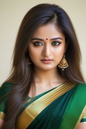 a beautiful realistic Indian girl with long hair and wearing a deep green/gold sari, like humanbean,asian girl, she is having tilak in her forehead,Indian