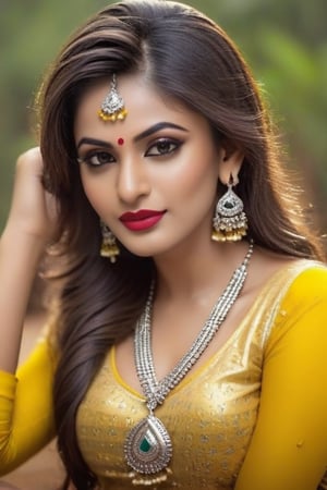 wet red lips, fuller lips, beautiful girl,  jewellery, bindi, wearing yellow salwar, deep neck, cleavage, full body picture, underwear ,Indian