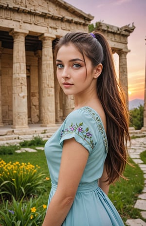 Hight quality, best quality, hd, 8k, reaslistic, masterpiece, high quality photo, cool color ((very beautiful girl)), ((naturally beautiful girl)), 1girl, ((sexy Pose))), (((Blue eyes:1.4))), (((long ponytai hair:1.4))), (very long hair:1.1), (masterpiece), best quality, expressive eyes, perfect face, (side ponytail:1.4), smile, blush, slim waist, neat figure, slender waist, solo, mature female, milf, collarbone, (golden choker:1.1), (((greek clothes:1.4))), ((white shirt:1.3)), ((short sleeves:1.3)), (((purple dress:1.4))), floating hair, (yellow theme:1.2), (violet theme:1.2), (dark green theme:1.2), (red theme:1.2), (blue theme:1.2), (((Beautiful woman:1.4))), (((Perfect anatomy:1.4))), (((beautiful landscape:1.4))), (((Greek temple:1.4))), (((150k))), (((extremely detailed 150K wallpaper))), [[3D]], pov, male pov, (((forest:1.4))), ((river:1.1)), ((grass:1.3)), ((path:1.3)), ((waterfall:1.2)), (((Sunset:1.4))), ((flowers:1.2))