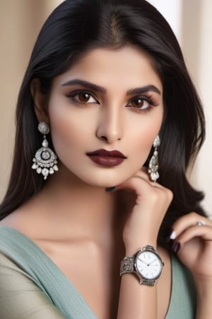 beautiful girl, brown eyes, long black hair, long eyelashes, silver earrings, diamond neckless, white nails, silver watch, realistic, dark lipstick
,Indian Model