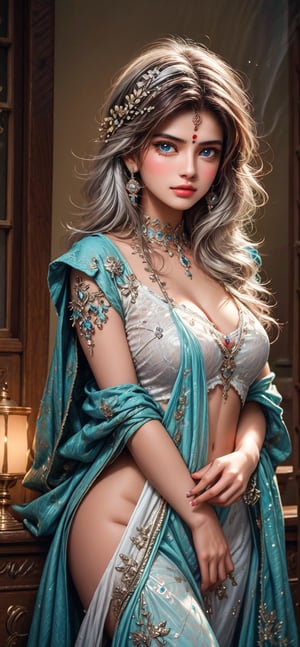 beautiful Indian girl, 23 year old, Imagine an endearing and captivating creature with luminous blue eyes and a transparent body adorned with an array of vibrant colors. Create an image that highlights its enchanting beauty and adorable charm. (1girl: 1.4), (RAW photo, best quality), (real, photo real: 1.1), best quality, masterpiece, beauty and aesthetics, 16K, (HDR: 1.2), high contrast, (vivid colors: 1.3), (Soft Colors, Dull Colors, Soothing Tone: 0), Cinematic Lighting, Ambient Lighting, Side Lighting, Fine Details and Textures, Cinematic Lens, Warm Tone, (Bright and Intense: 1.1), Wide Angle Lens, xm887, Surrealist illustration, Siena's natural proportions, silver hair, dynamic pose, precisely anatomical body and hands, four fingers and a thumb,cool,Indian Model