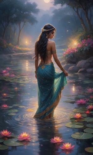 Imagine a sexy stunning young Indian native on her kness, washing her hair in a river, bathing in a river with long flowing hair peacefully immersed in the ethereal glow of a moonlit pond. Vibrant, colorful flowers encircle the tranquil scene, their vibrant petals reflecting the soft light. Wisps of gentle fog embrace the landscape, adding an air of mystery and enchantment to this captivating nocturnal oasis. A mesmerizing blend of serenity, elegance, and natural beauty.,Indian Model