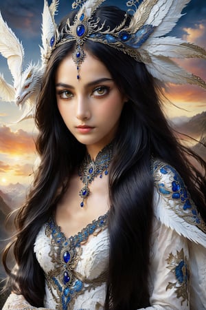 beautiful Indian girl, 23 year old, A fantastic painting depicting a snow-white dragon queen wearing a tiara and necklace, spreading her wings in front of a breathtaking sunset backdrop. The art is done in a realistic style using oil paints and intriguing details reminiscent of the works of Leonardo da Vinci and Rembrandt. Each element is expressive and worked out to the smallest detail, giving the work a hyper-realistic look. This work will definitely attract the attention of fantasy lovers and Russian artists such as Viktor Vasnetsov or Ilya Efimovich,Insta Model,APEX SUPER REAL FACE XL ,DonM3l3m3nt4lXL